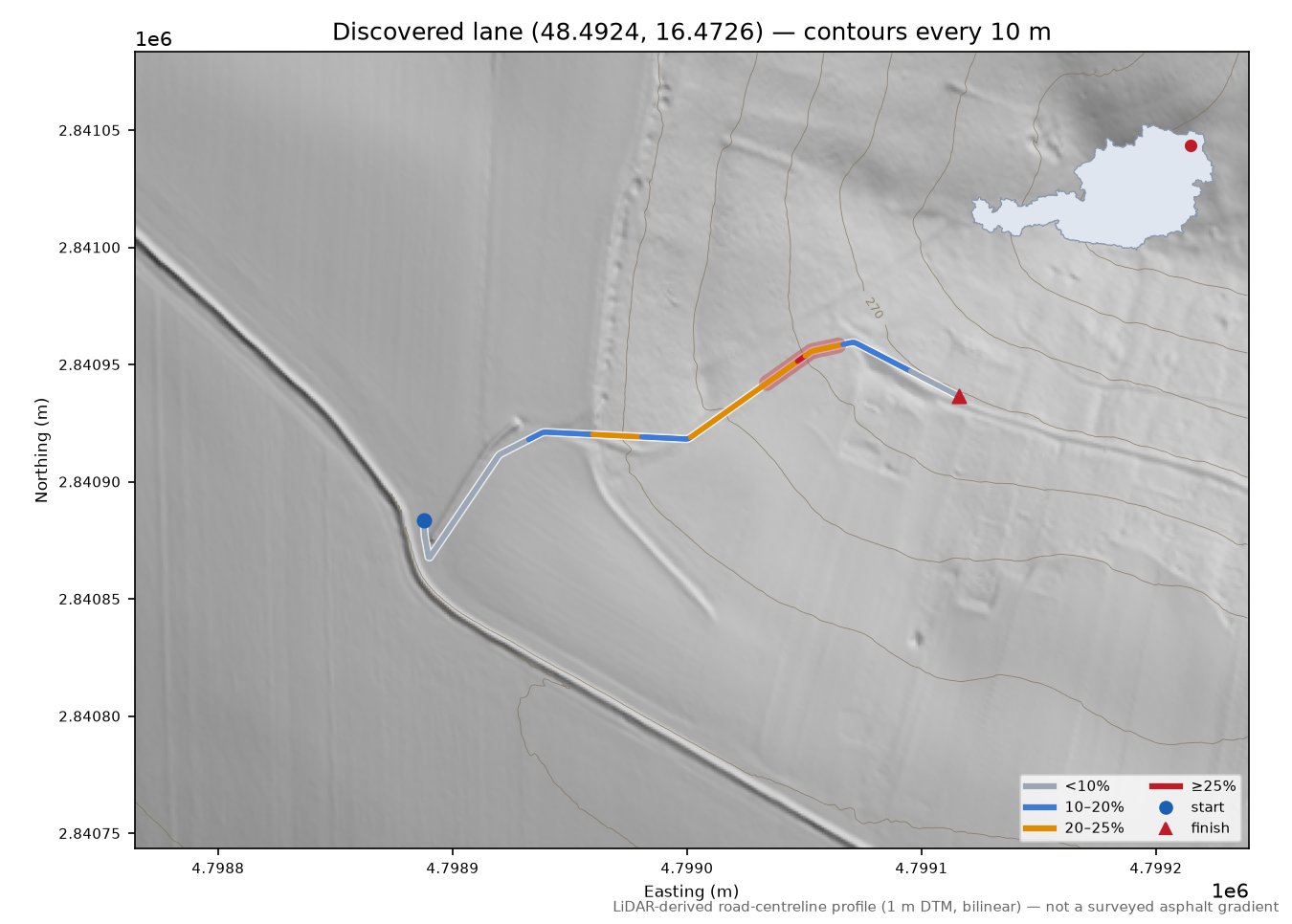 Discovered lane (48.4924, 16.4726) LiDAR hillshade map with contours