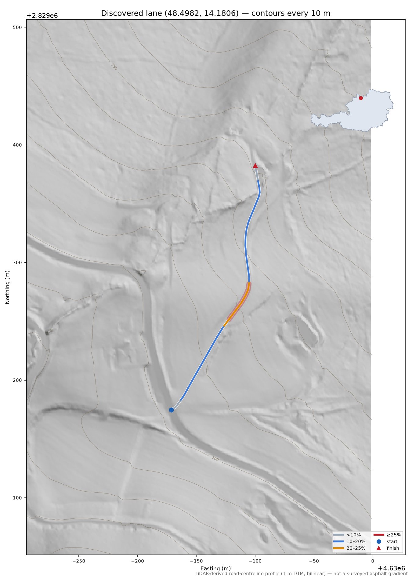 Discovered lane (48.4982, 14.1806) LiDAR hillshade map with contours