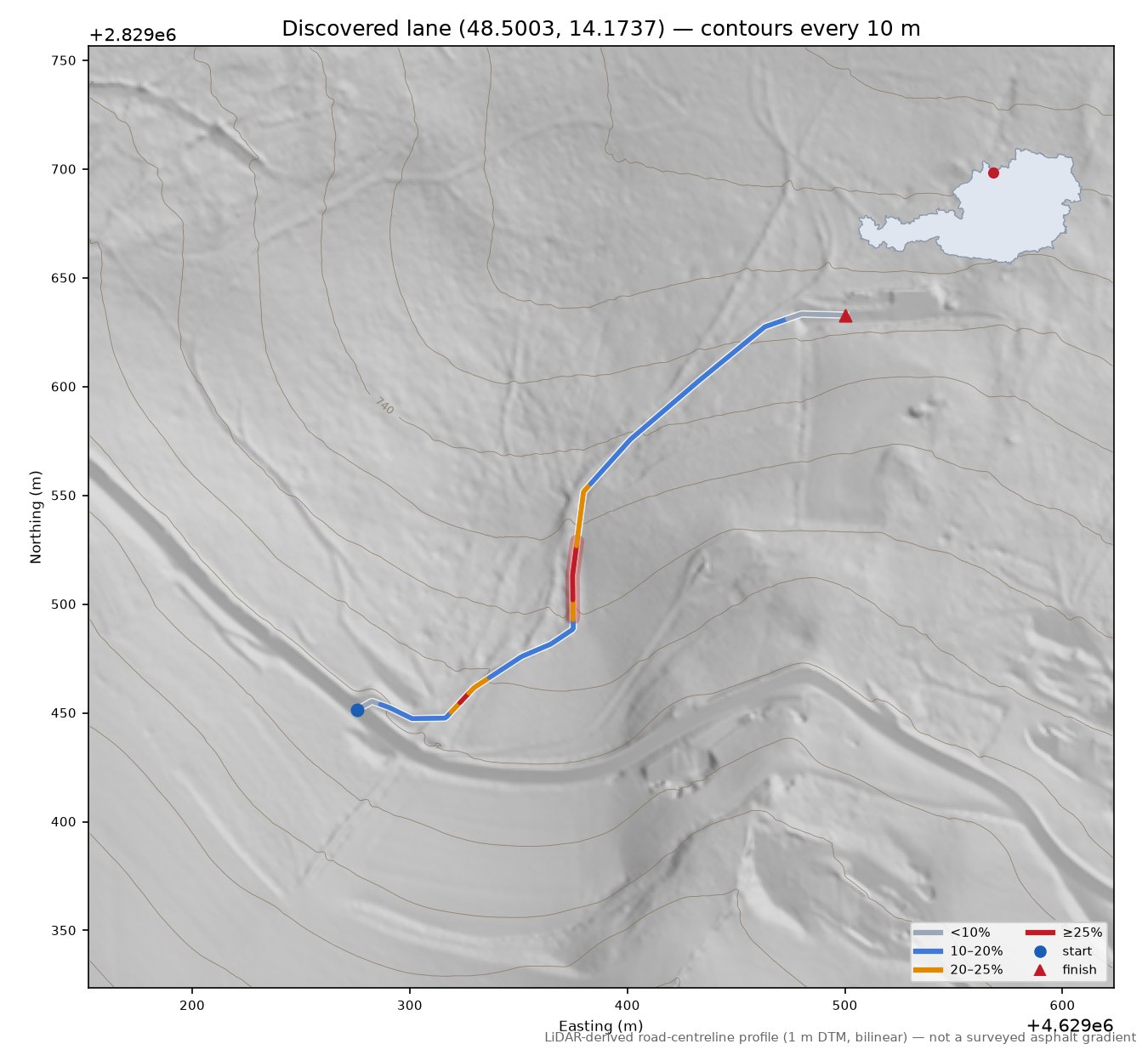 Discovered lane (48.5003, 14.1737) LiDAR hillshade map with contours