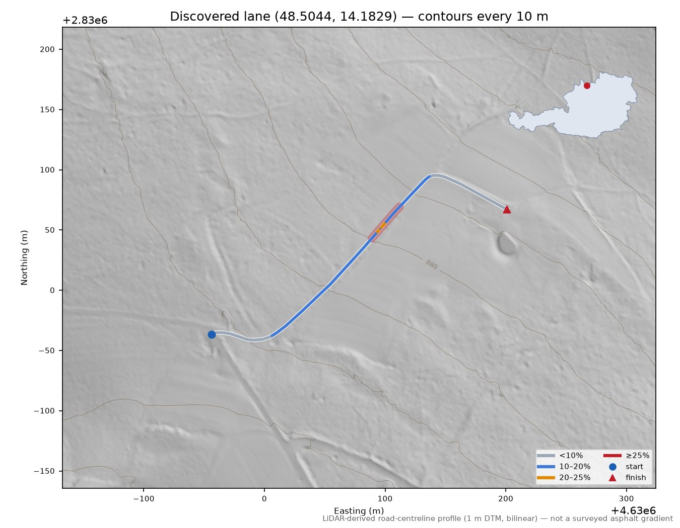 Discovered lane (48.5044, 14.1829) LiDAR hillshade map with contours