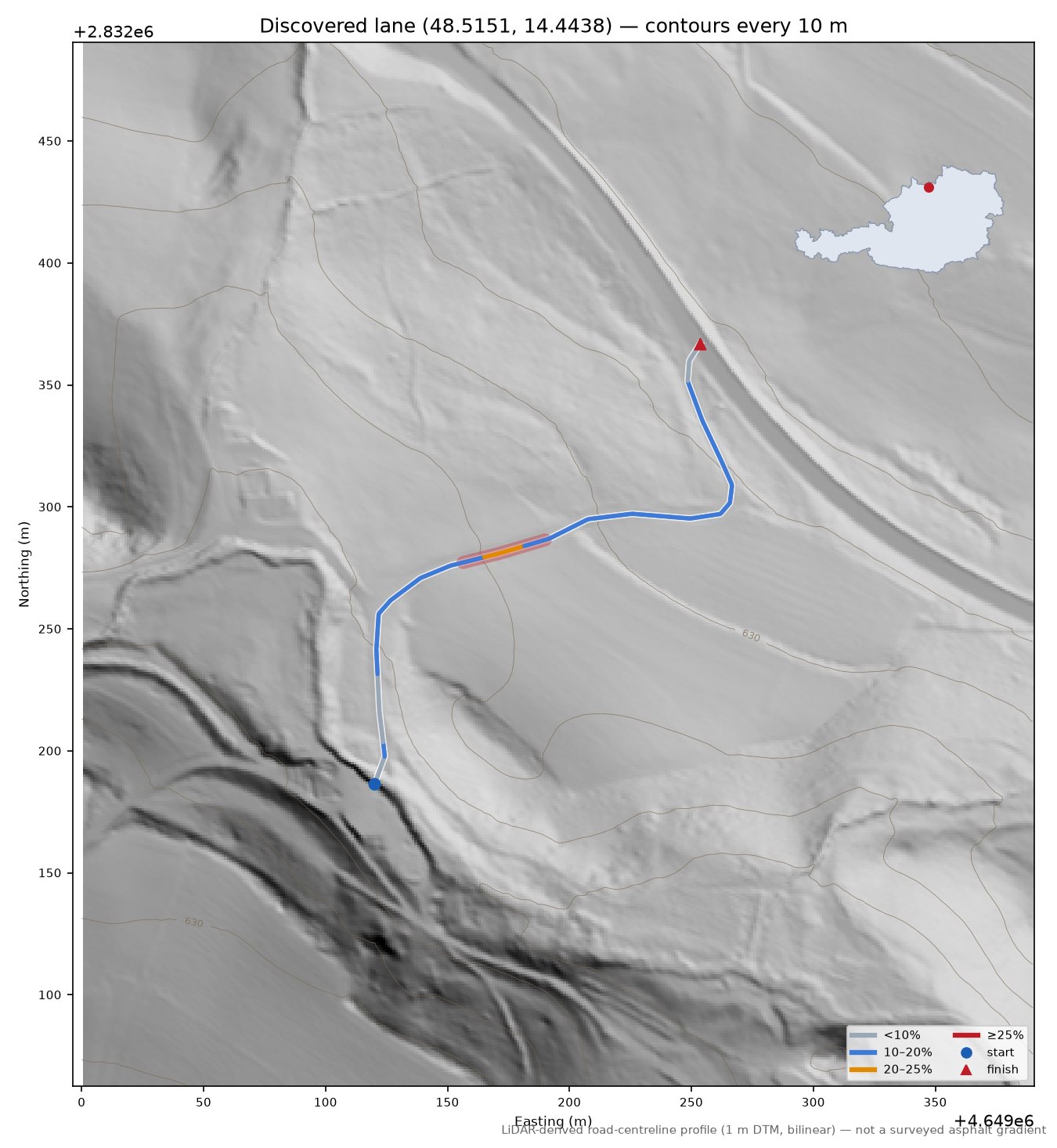 Discovered lane (48.5151, 14.4438) LiDAR hillshade map with contours