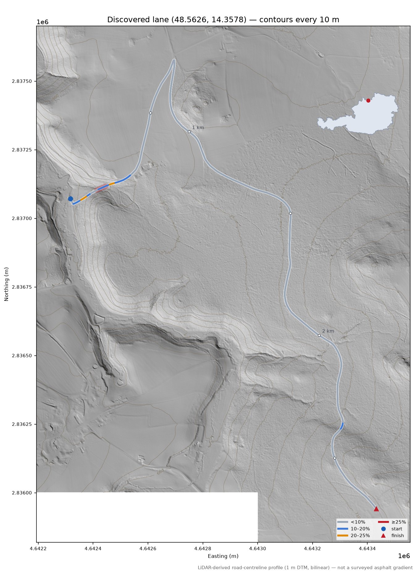 Discovered lane (48.5626, 14.3578) LiDAR hillshade map with contours