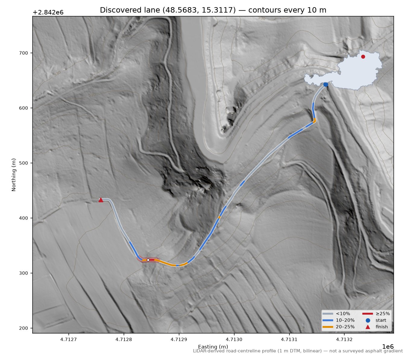 Discovered lane (48.5683, 15.3117) LiDAR hillshade map with contours