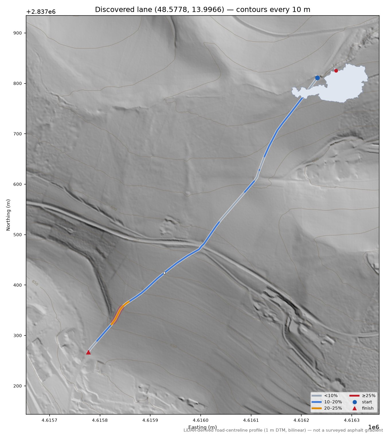 Discovered lane (48.5778, 13.9966) LiDAR hillshade map with contours