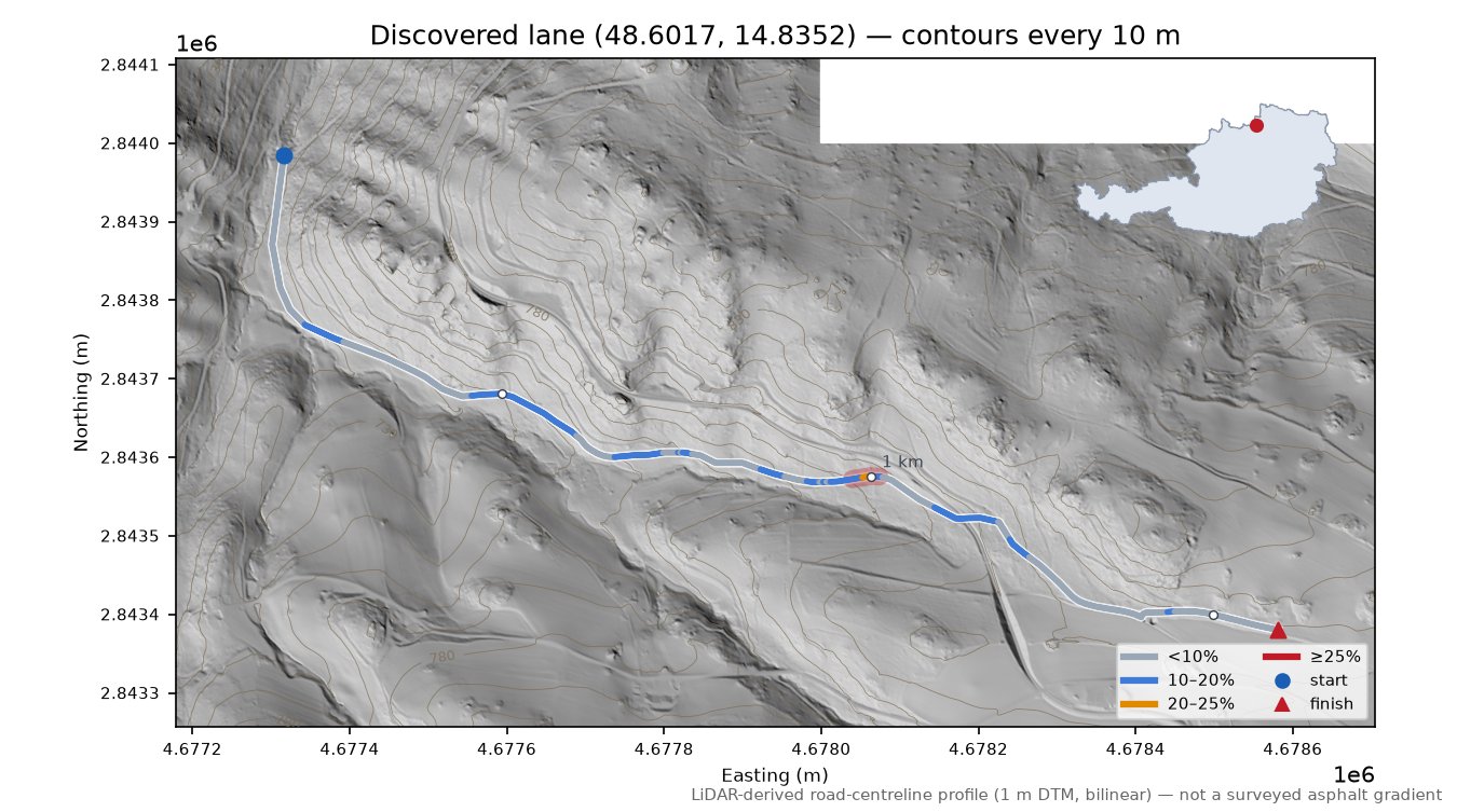 Discovered lane (48.6017, 14.8352) LiDAR hillshade map with contours
