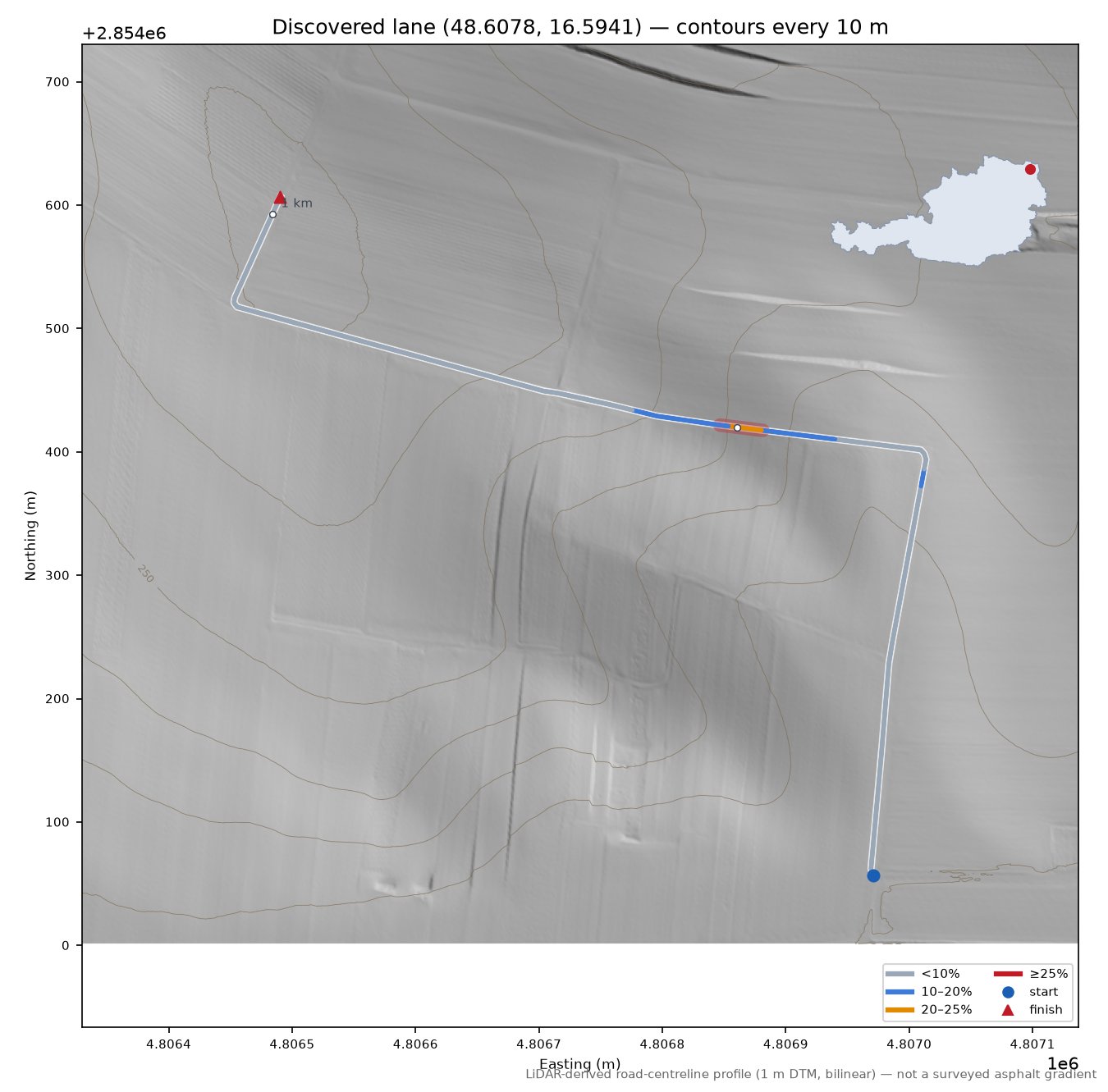 Discovered lane (48.6078, 16.5941) LiDAR hillshade map with contours