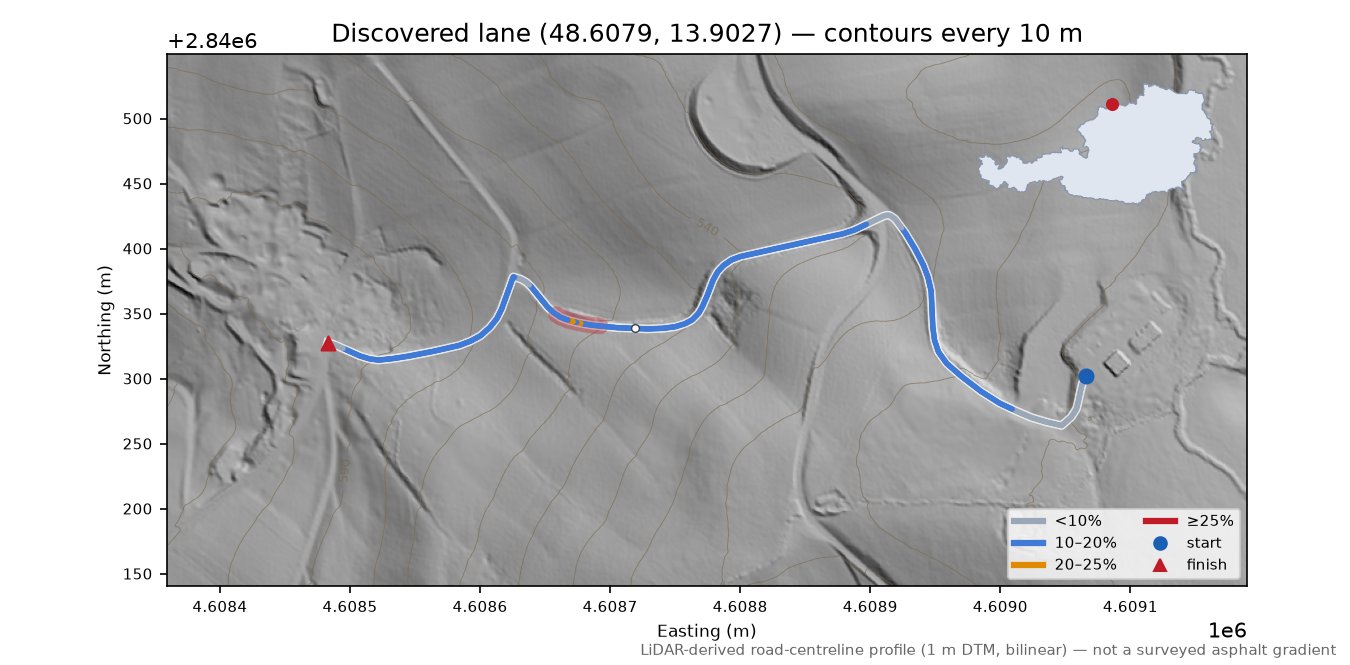 Discovered lane (48.6079, 13.9027) LiDAR hillshade map with contours