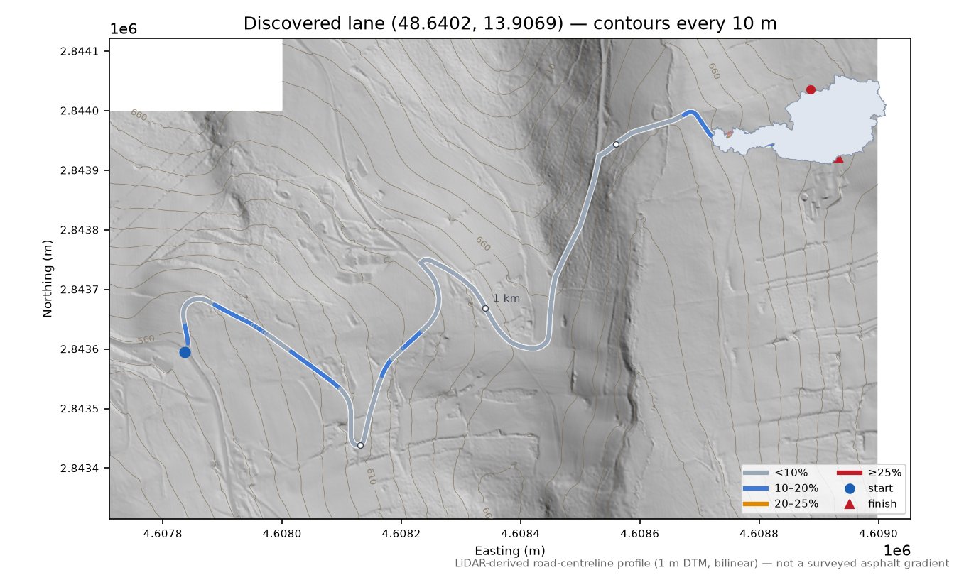 Discovered lane (48.6402, 13.9069) LiDAR hillshade map with contours