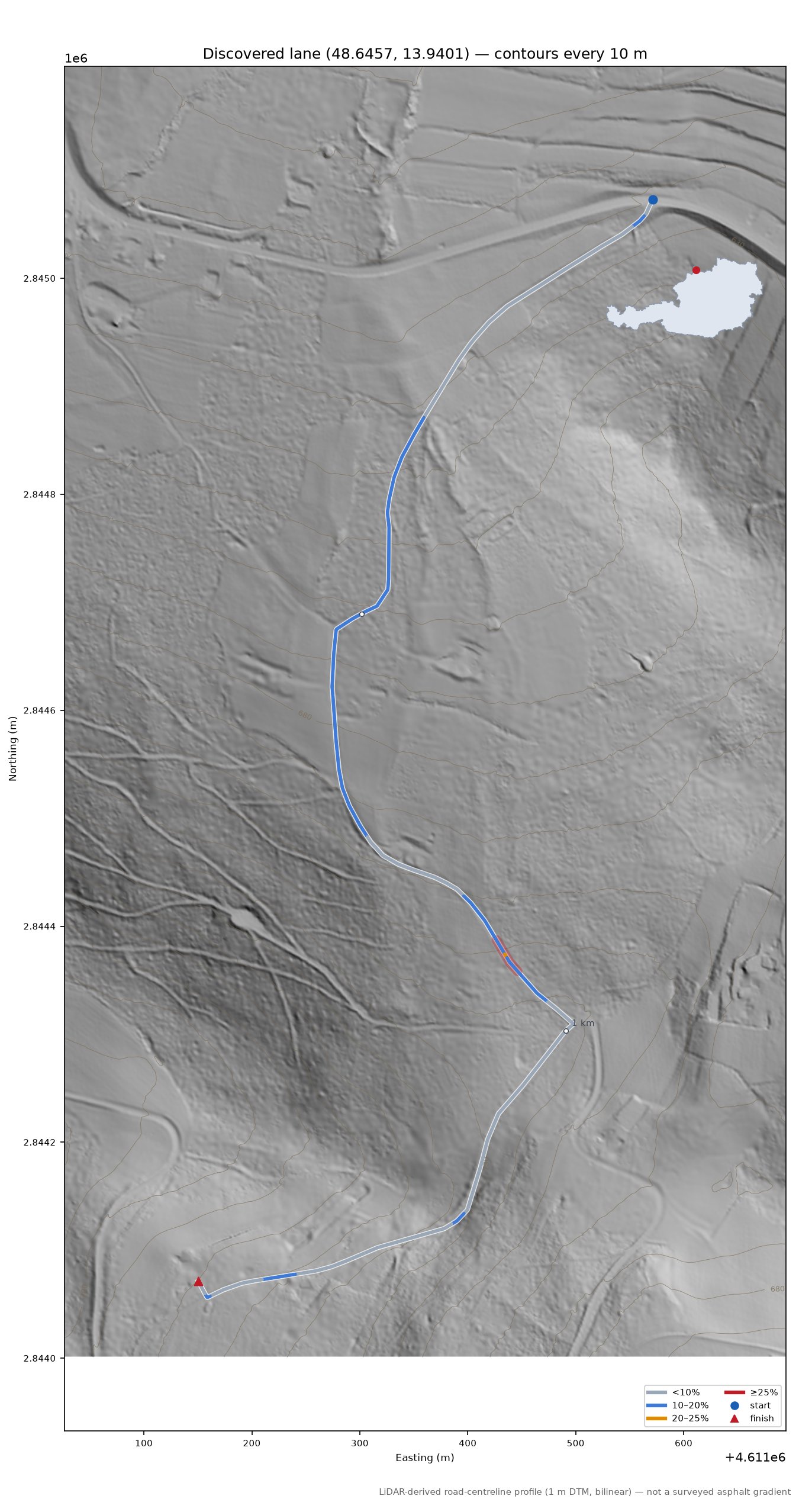 Discovered lane (48.6457, 13.9401) LiDAR hillshade map with contours