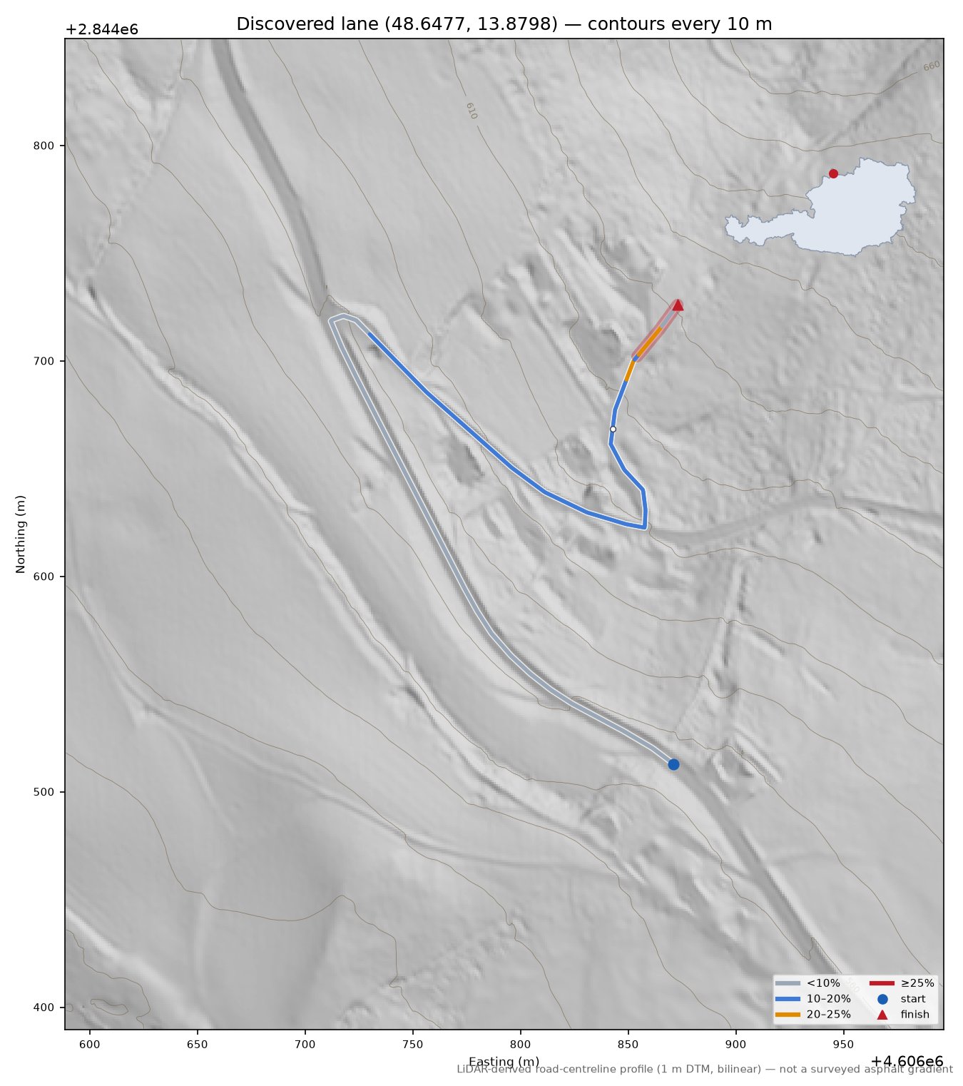 Discovered lane (48.6477, 13.8798) LiDAR hillshade map with contours