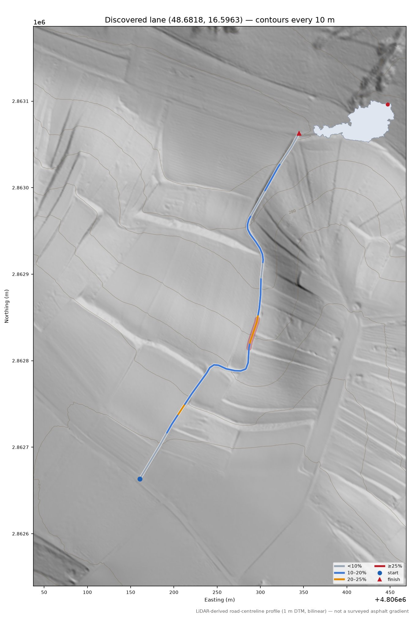 Discovered lane (48.6818, 16.5963) LiDAR hillshade map with contours