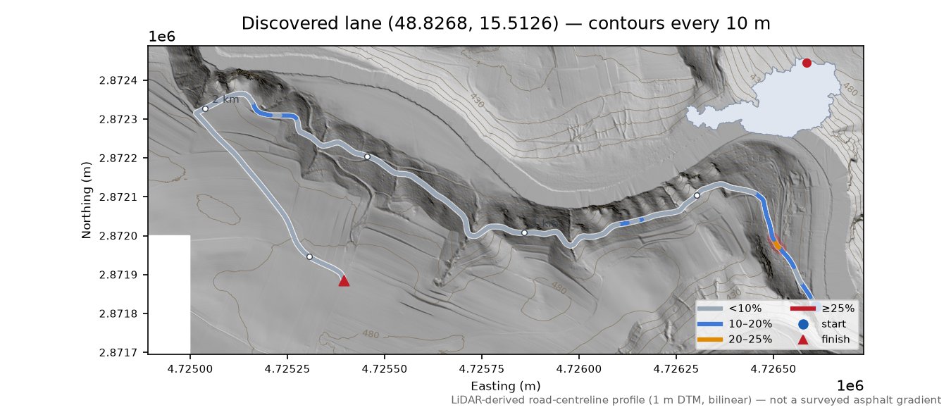 Discovered lane (48.8268, 15.5126) LiDAR hillshade map with contours
