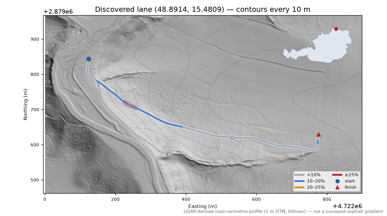 Discovered lane (48.8914, 15.4809) LiDAR hillshade map with contours