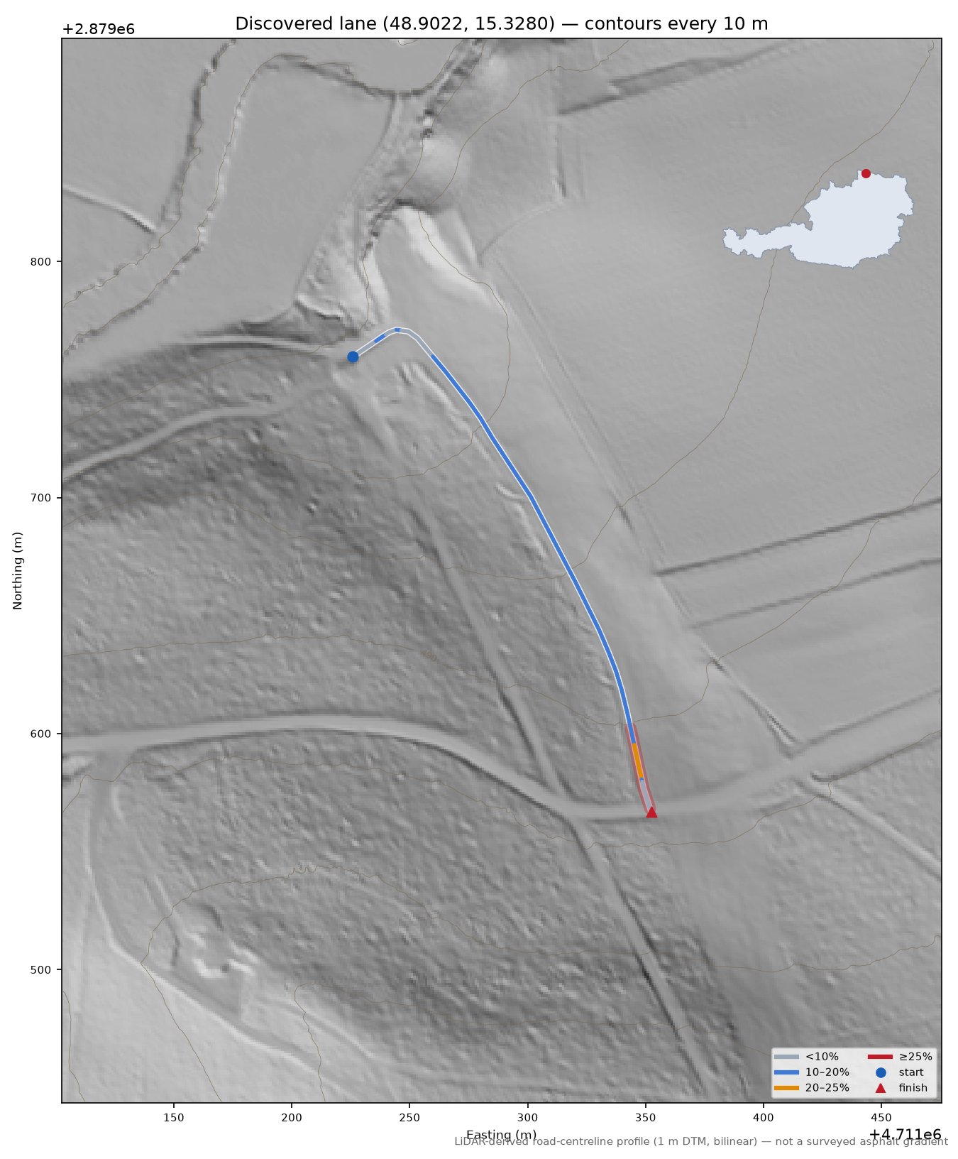 Discovered lane (48.9022, 15.3280) LiDAR hillshade map with contours