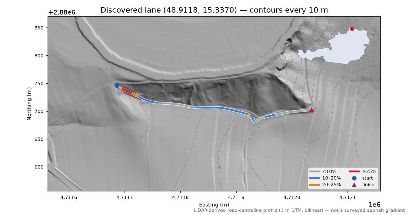 Discovered lane (48.9118, 15.3370) LiDAR hillshade map with contours