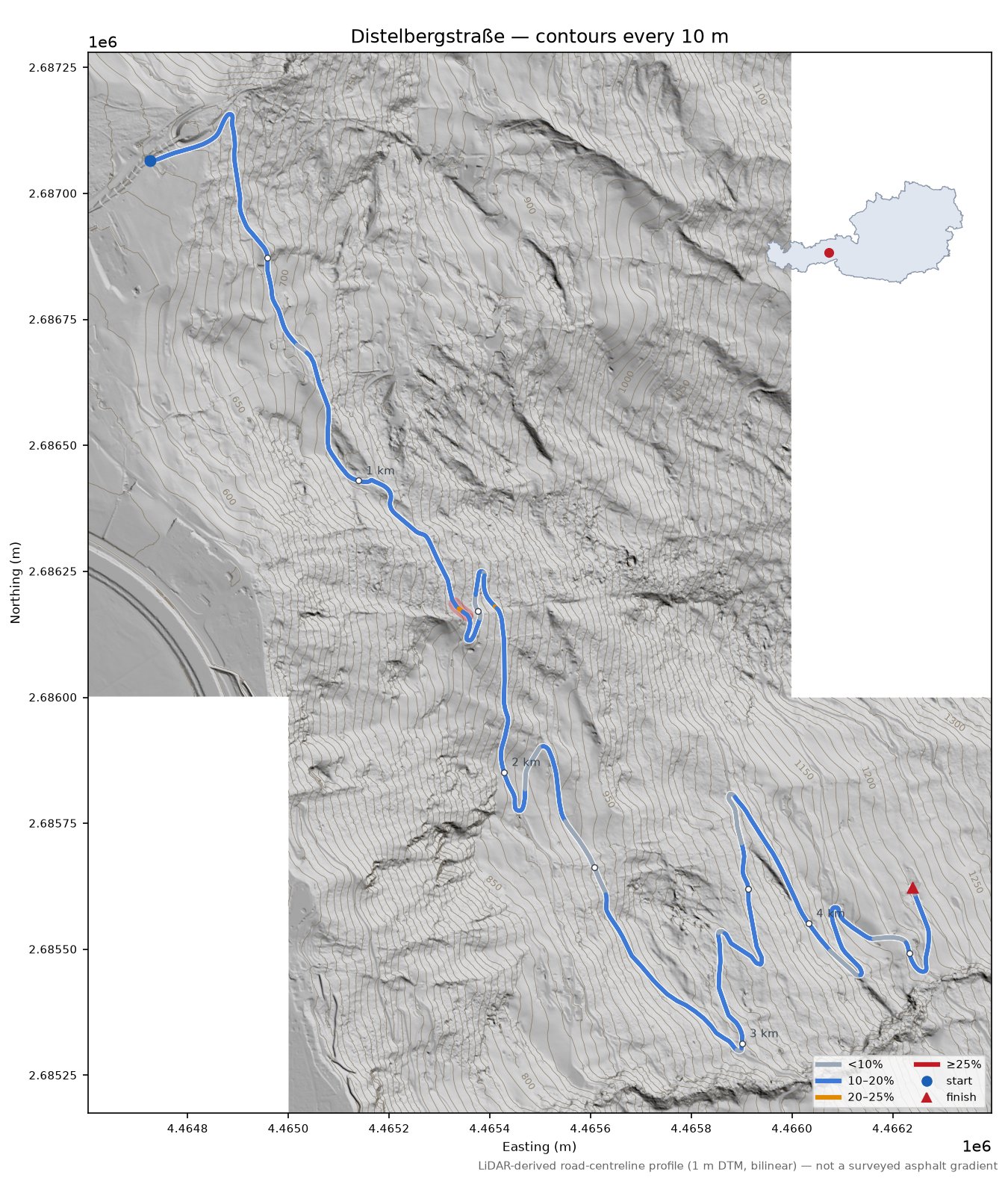 Distelbergstraße LiDAR hillshade map with contours