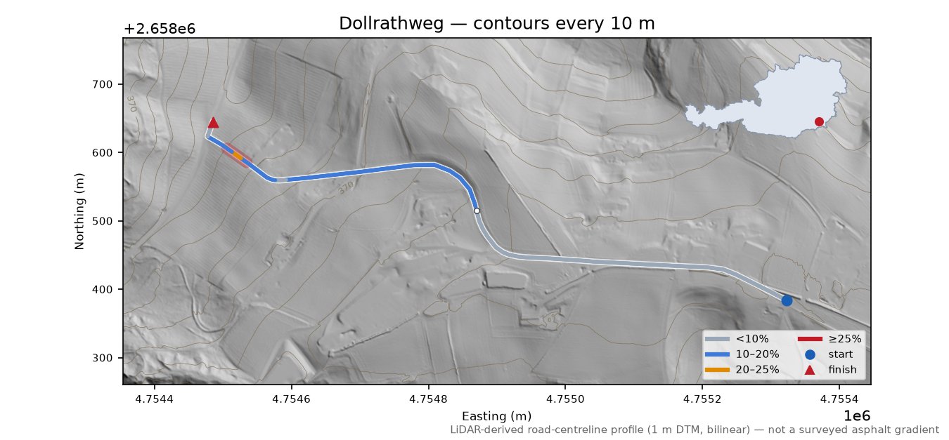 Dollrathweg LiDAR hillshade map with contours