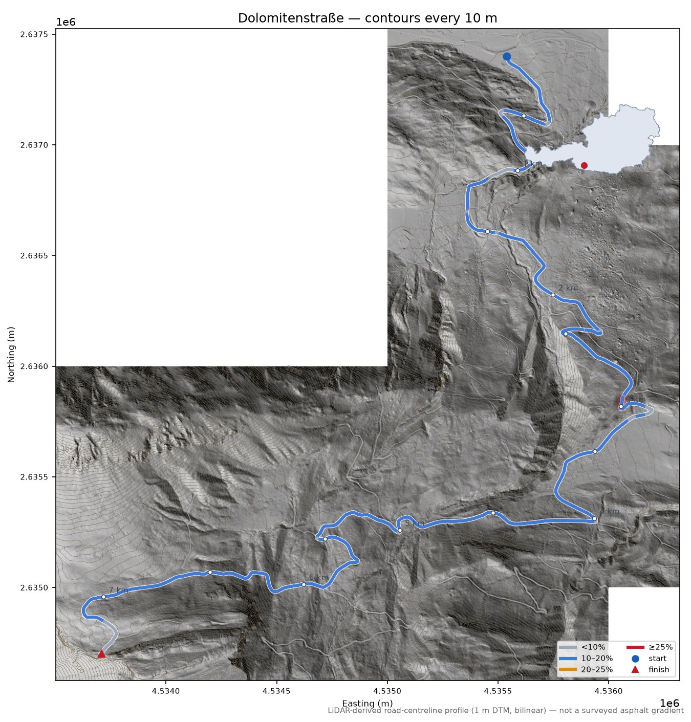 Dolomitenstraße LiDAR hillshade map with contours
