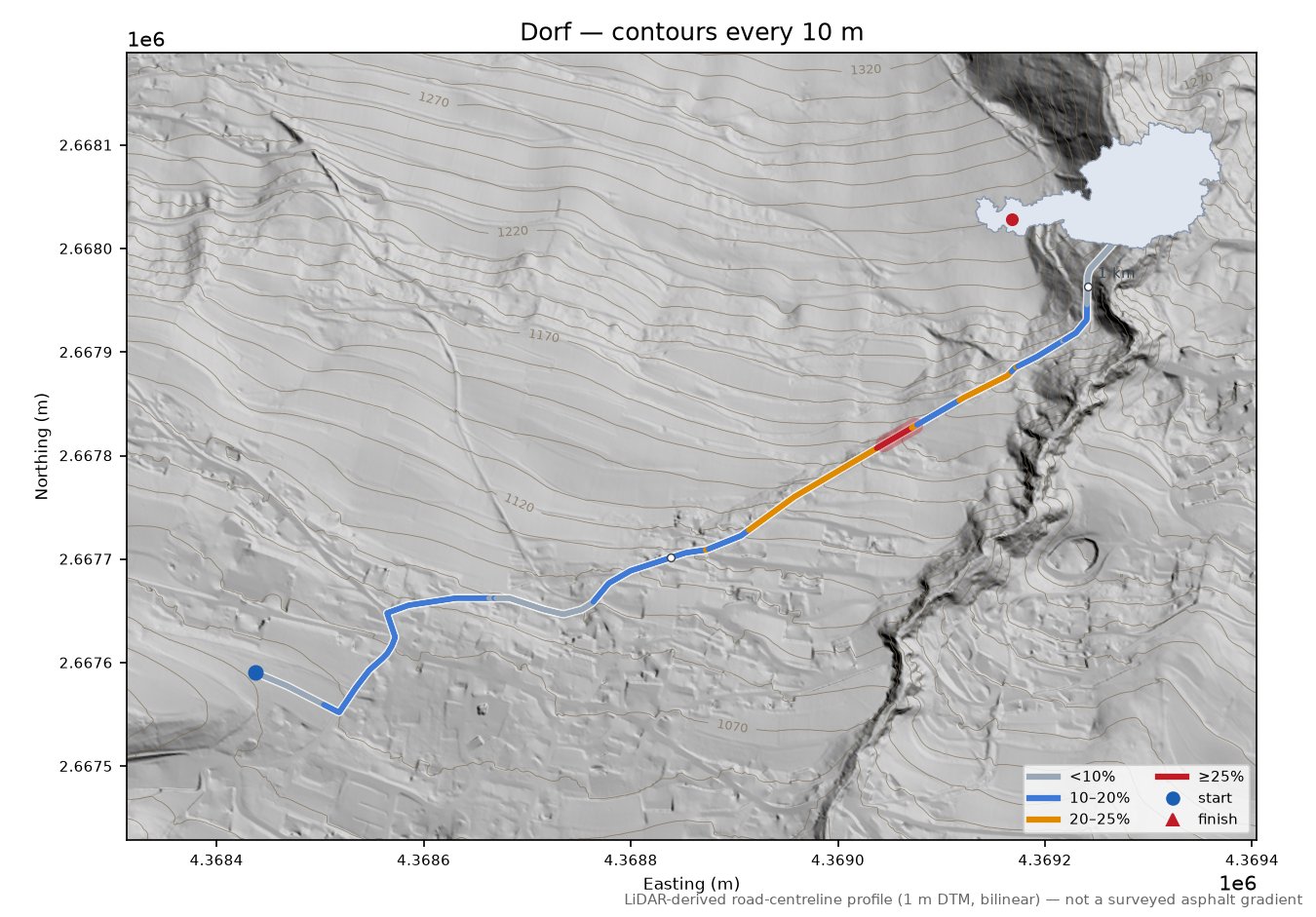 Dorf LiDAR hillshade map with contours