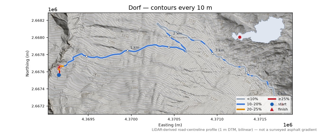 Dorf LiDAR hillshade map with contours