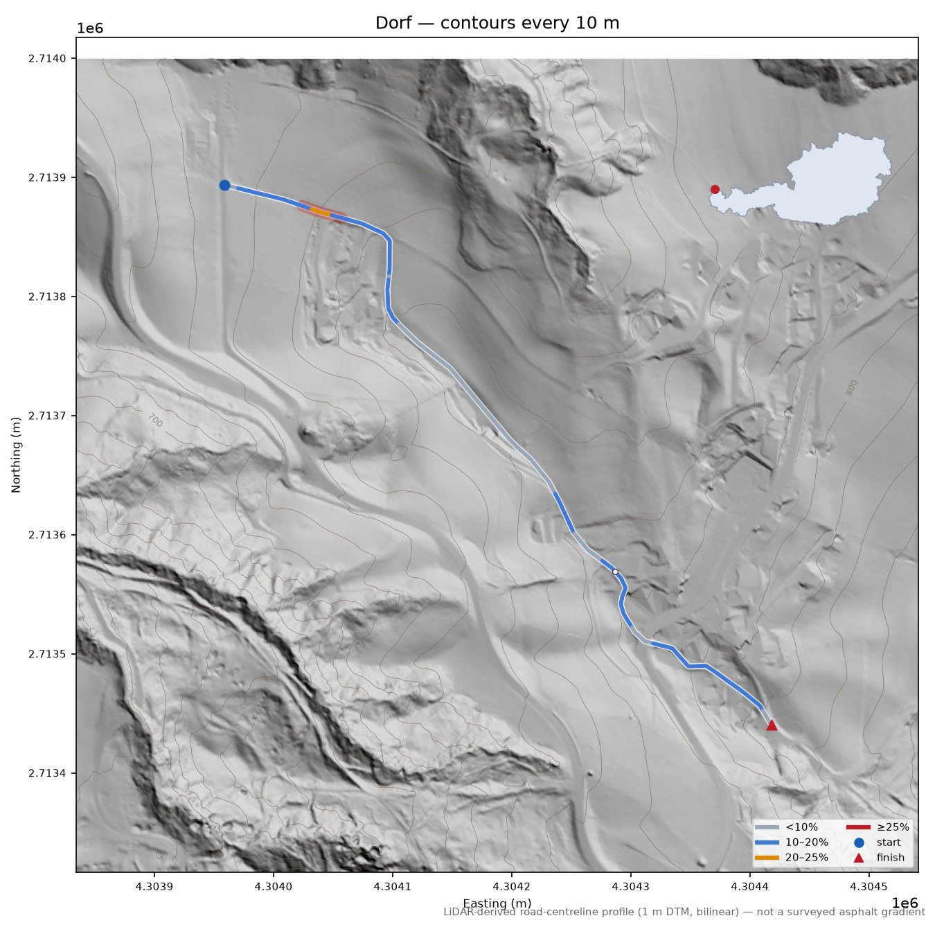 Dorf LiDAR hillshade map with contours