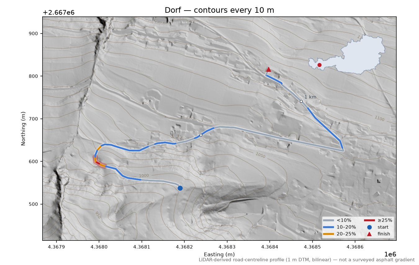 Dorf LiDAR hillshade map with contours