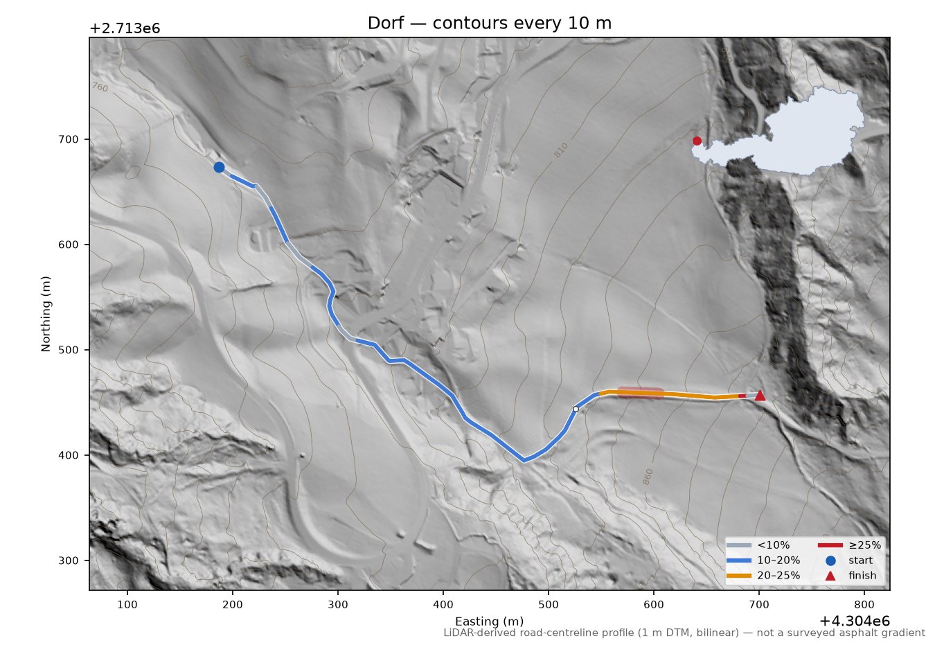 Dorf LiDAR hillshade map with contours