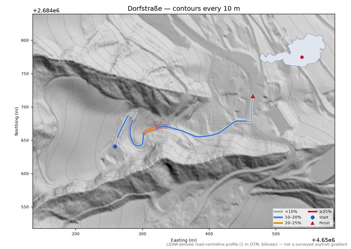 Dorfstraße LiDAR hillshade map with contours