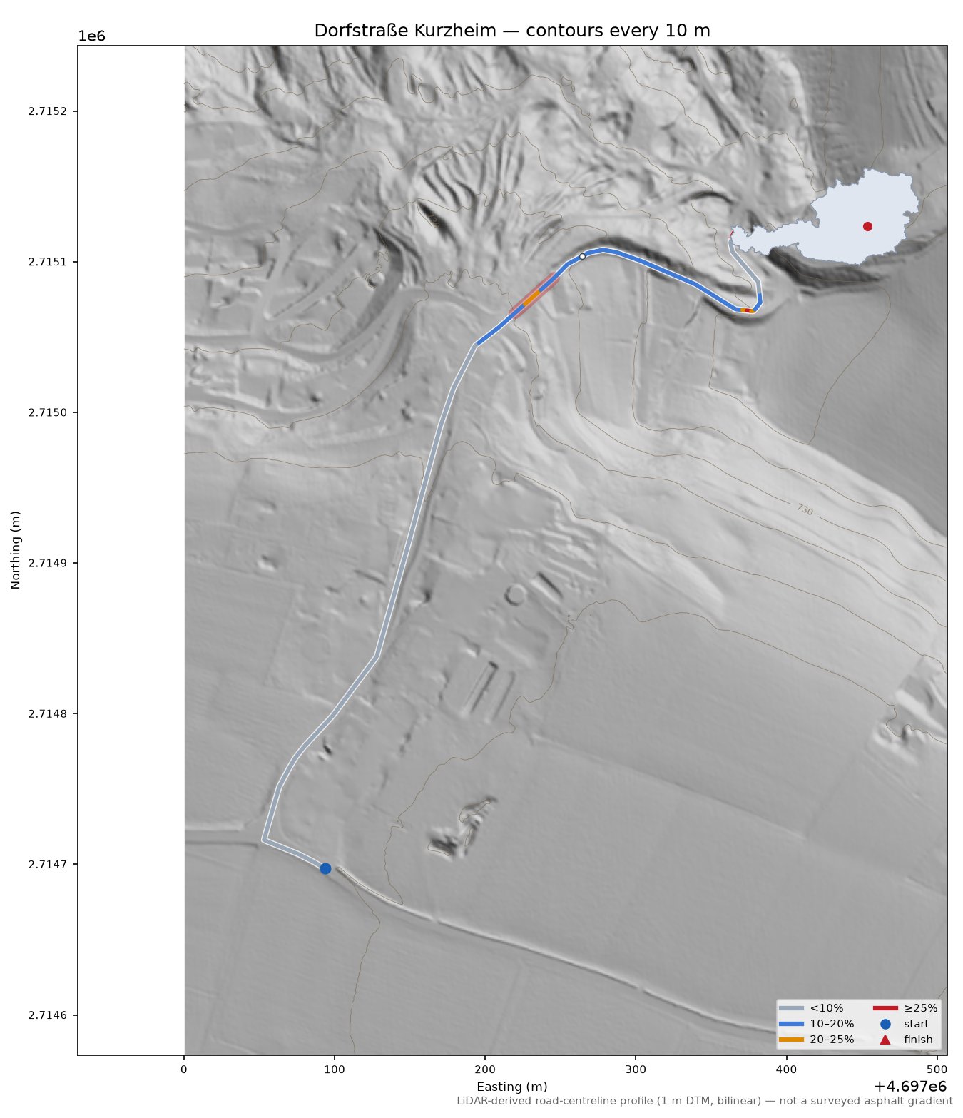 Dorfstraße Kurzheim LiDAR hillshade map with contours