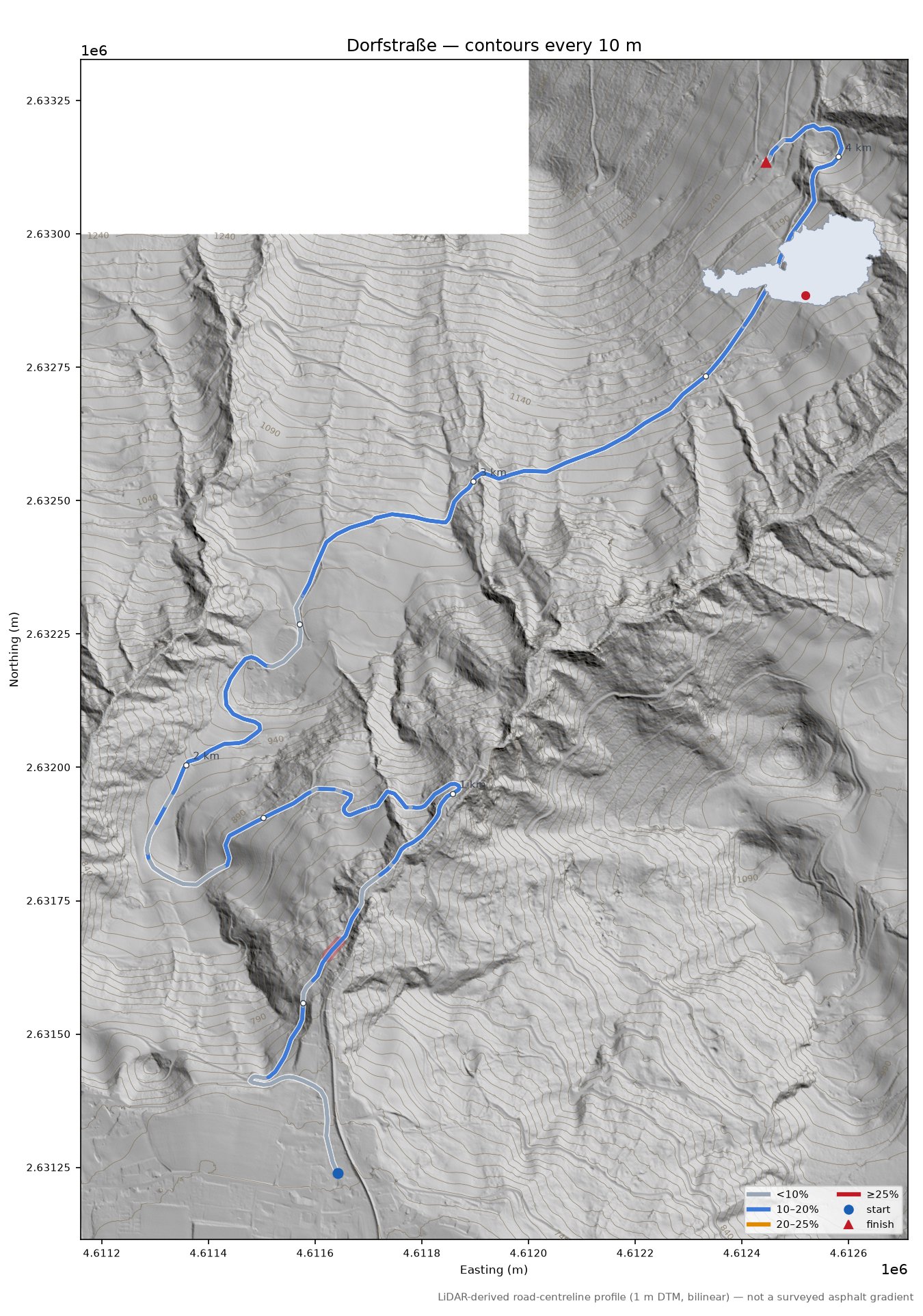 Dorfstraße LiDAR hillshade map with contours