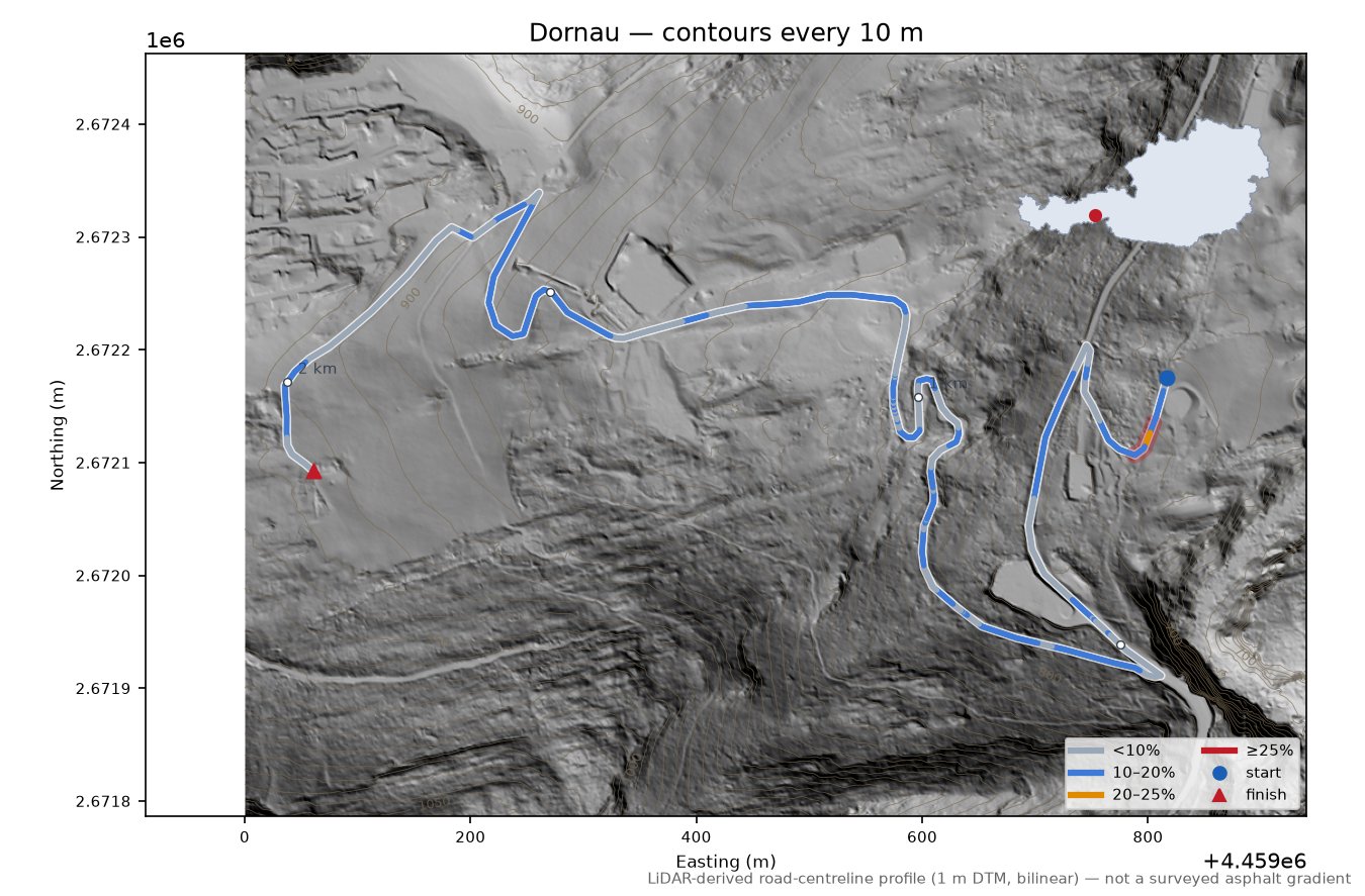 Dornau LiDAR hillshade map with contours