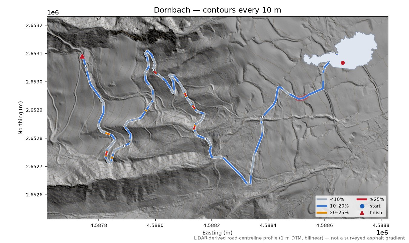 Dornbach LiDAR hillshade map with contours