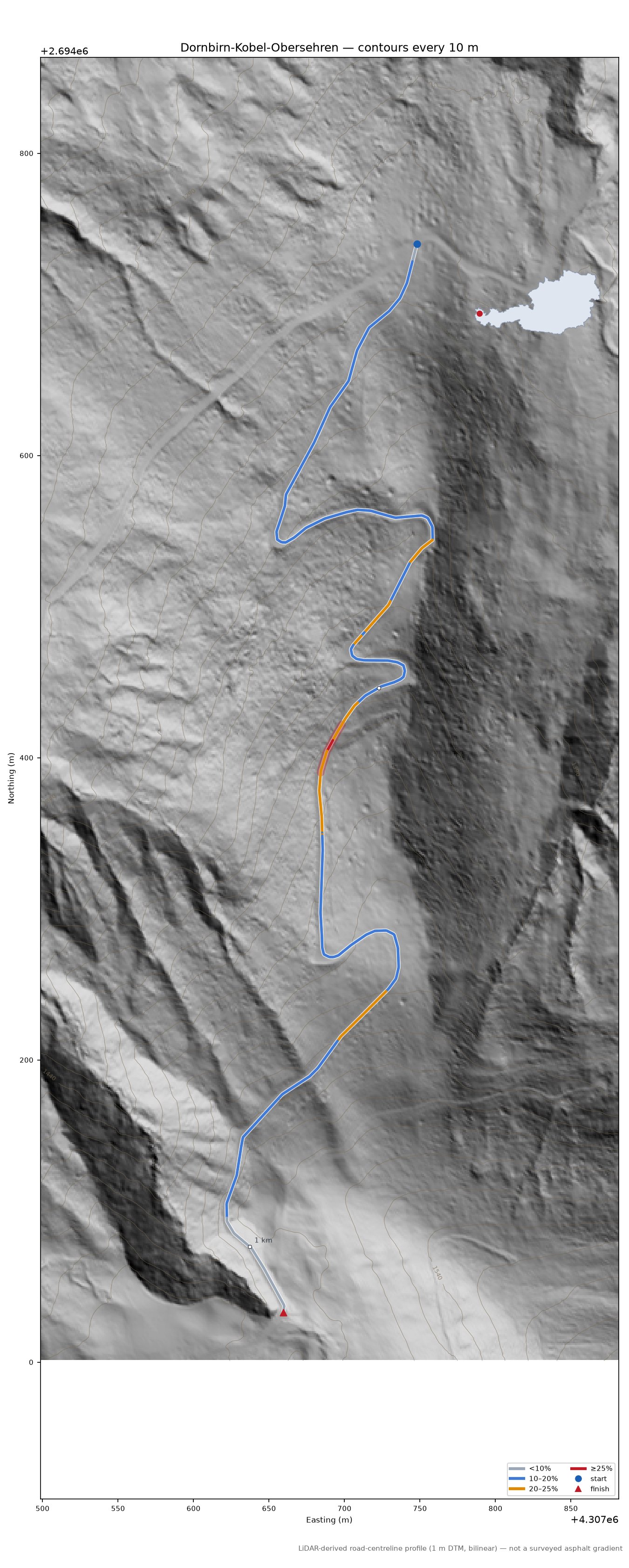 Dornbirn-Kobel-Obersehren LiDAR hillshade map with contours