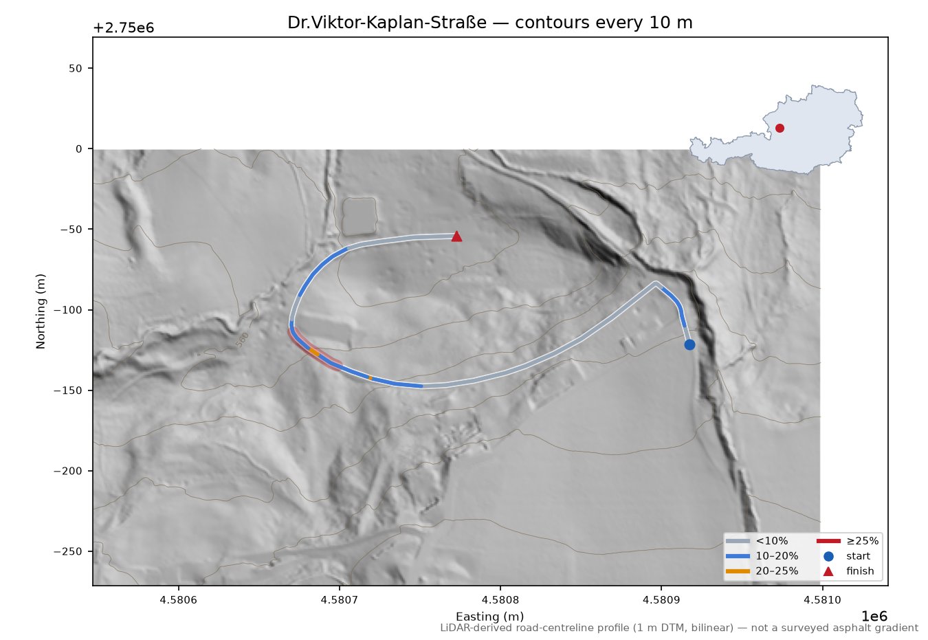 Dr.Viktor-Kaplan-Straße LiDAR hillshade map with contours
