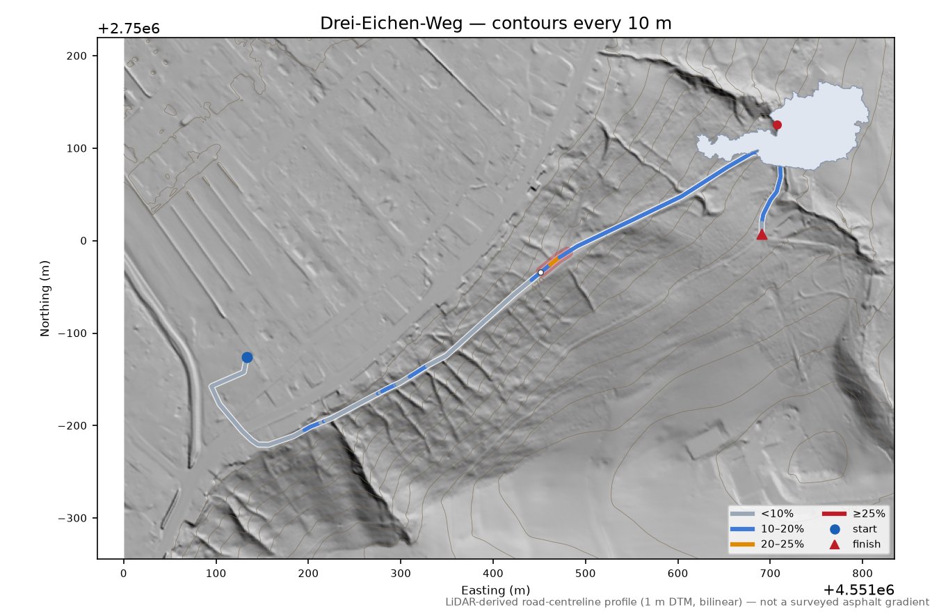 Drei-Eichen-Weg LiDAR hillshade map with contours