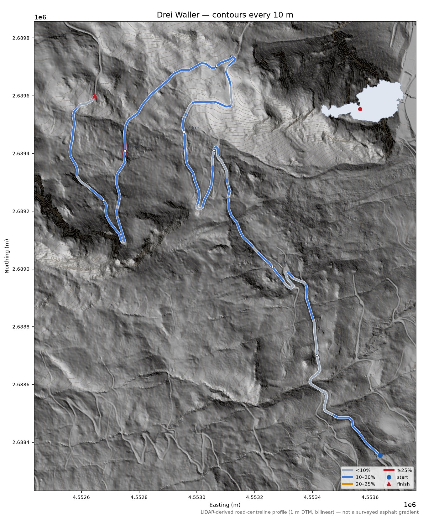 Drei Waller LiDAR hillshade map with contours