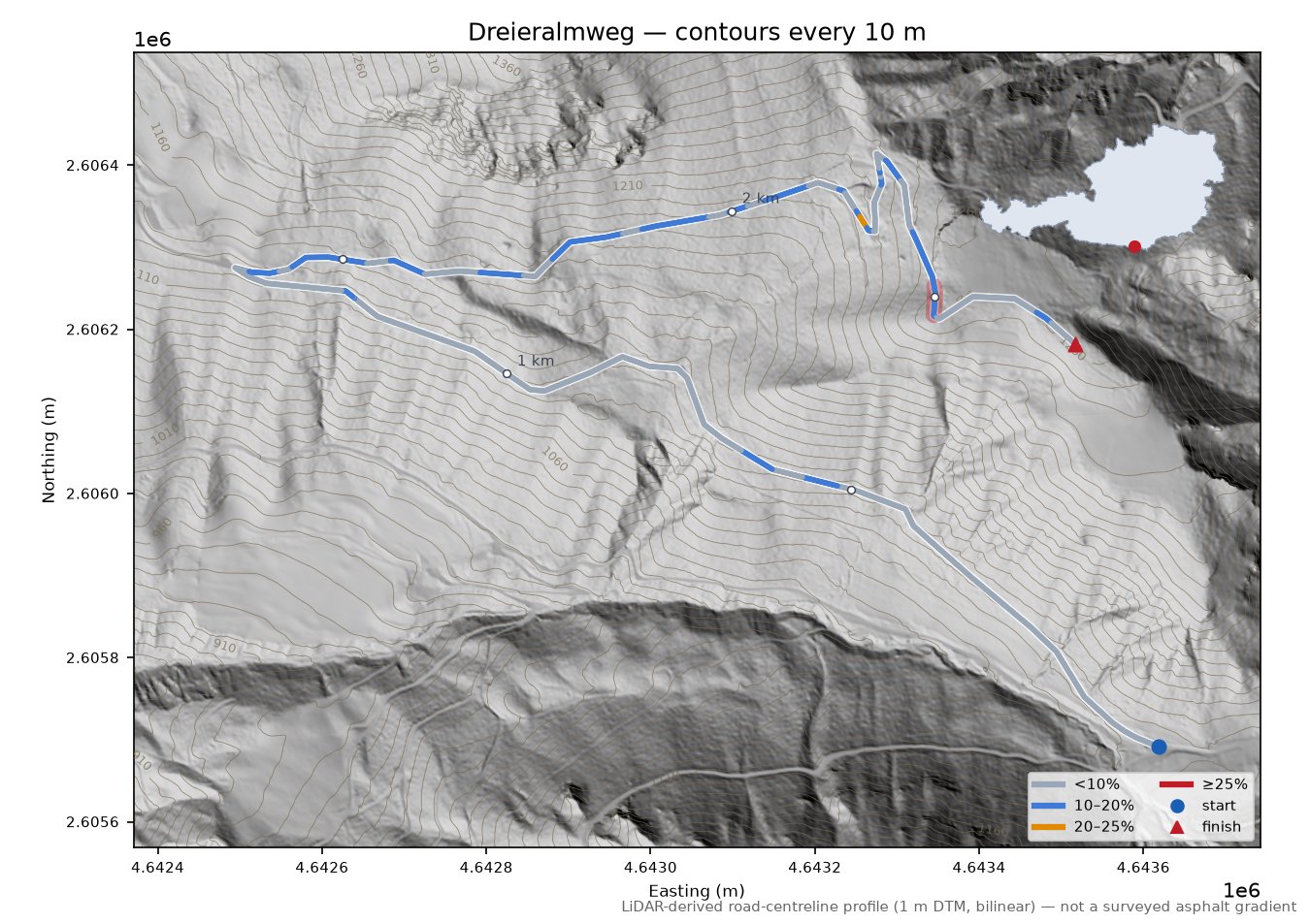 Dreieralmweg LiDAR hillshade map with contours