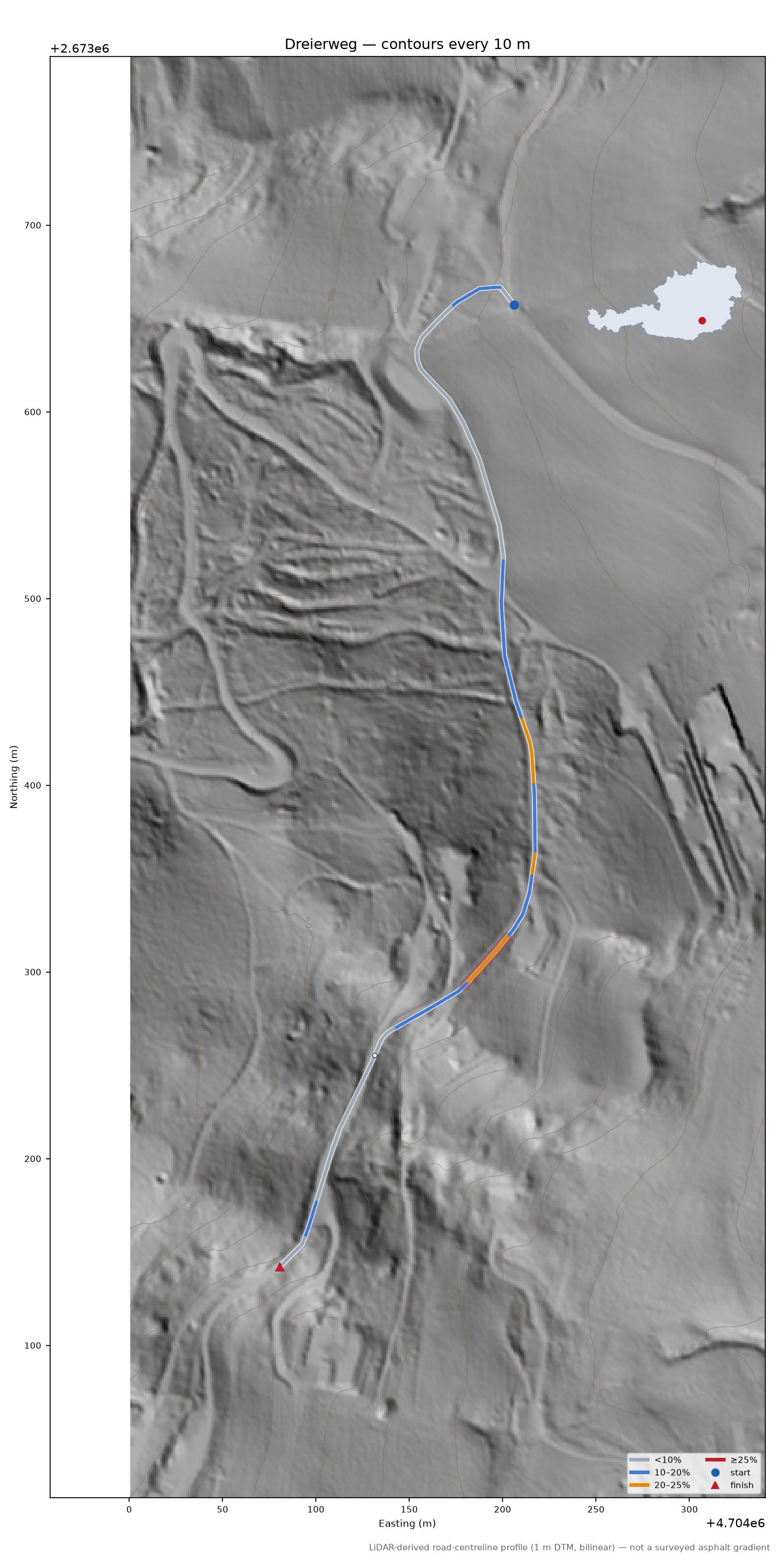 Dreierweg LiDAR hillshade map with contours