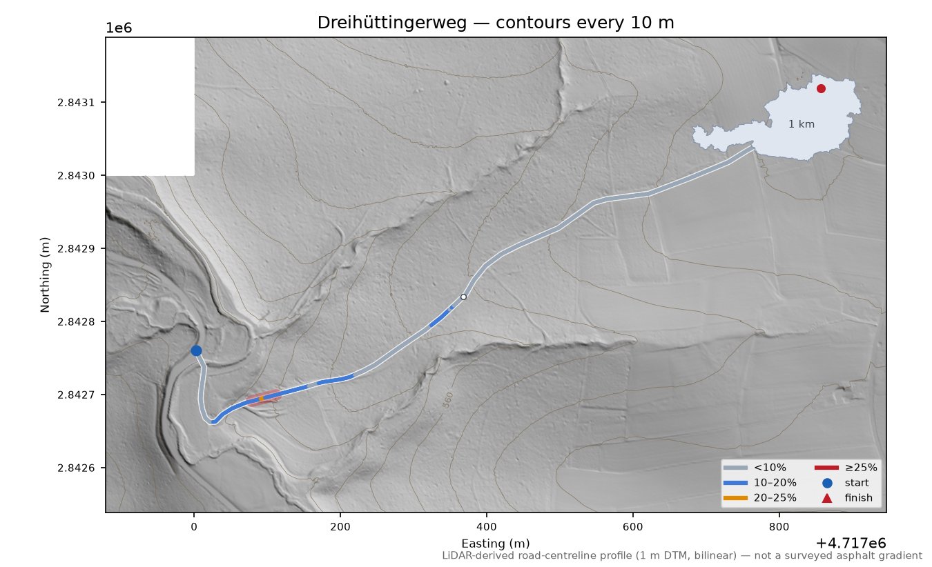 Dreihüttingerweg LiDAR hillshade map with contours