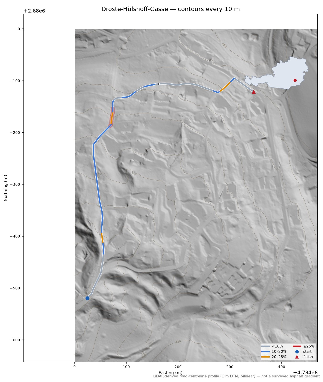 Droste-Hülshoff-Gasse LiDAR hillshade map with contours