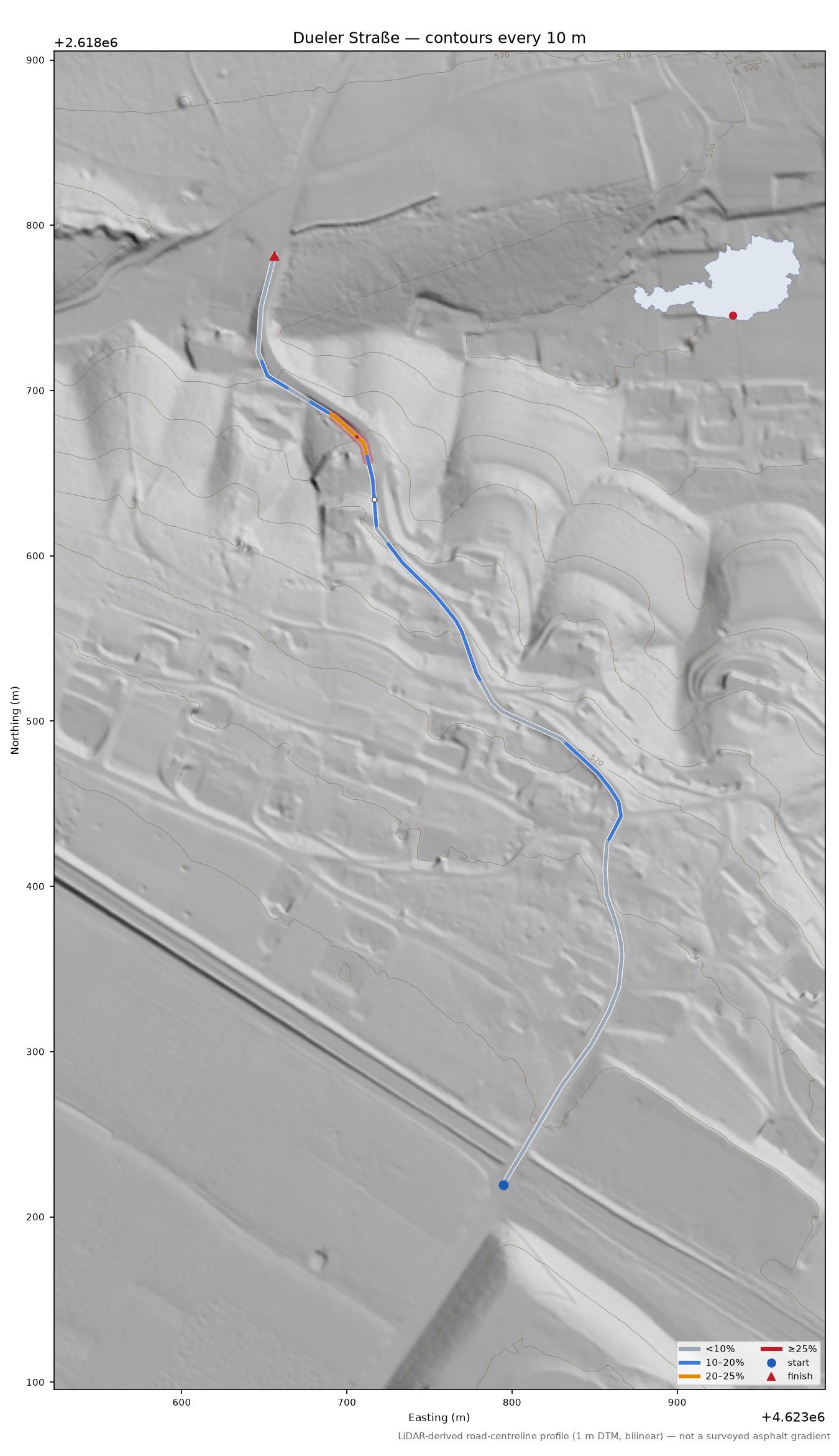 Dueler Straße LiDAR hillshade map with contours