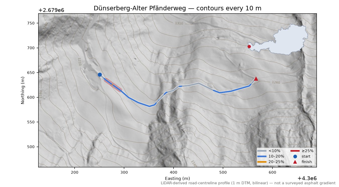 Dünserberg-Alter Pfänderweg LiDAR hillshade map with contours