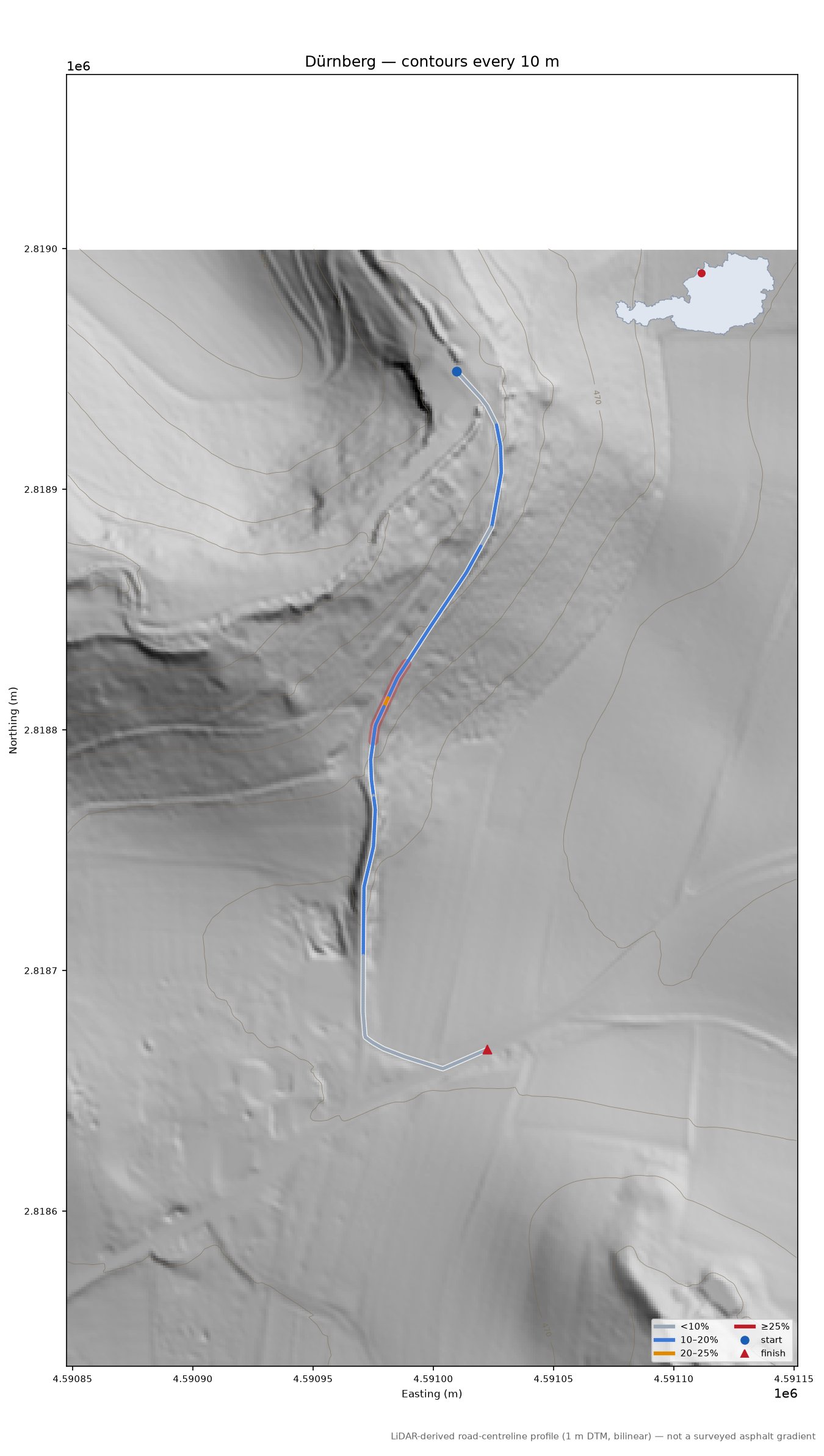 Dürnberg LiDAR hillshade map with contours