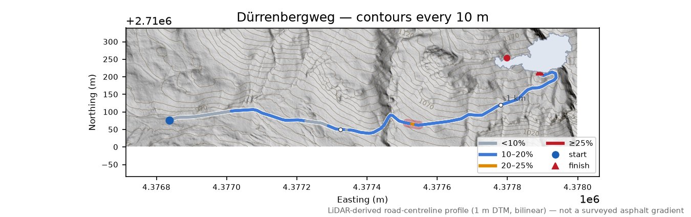 Dürrenbergweg LiDAR hillshade map with contours