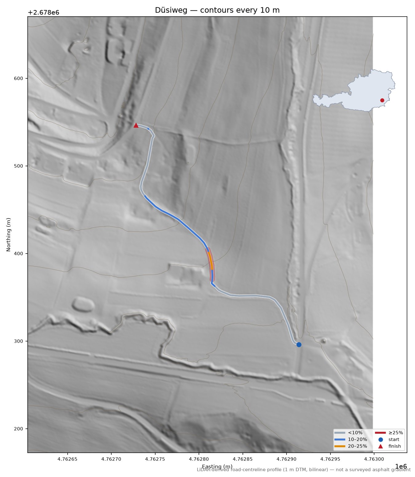 Düsiweg LiDAR hillshade map with contours