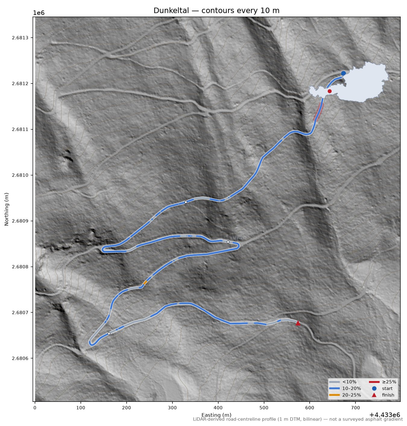 Dunkeltal LiDAR hillshade map with contours