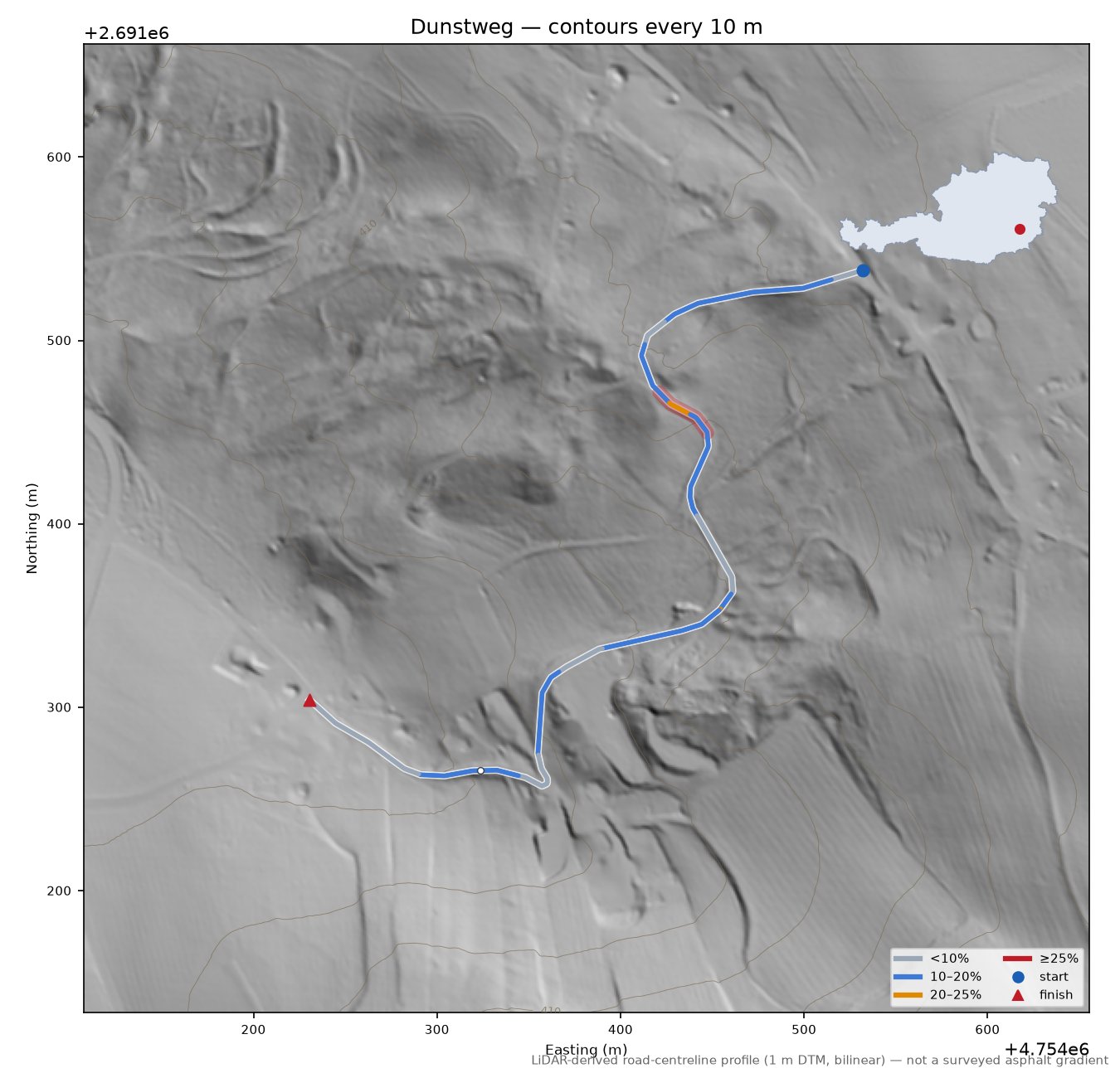 Dunstweg LiDAR hillshade map with contours