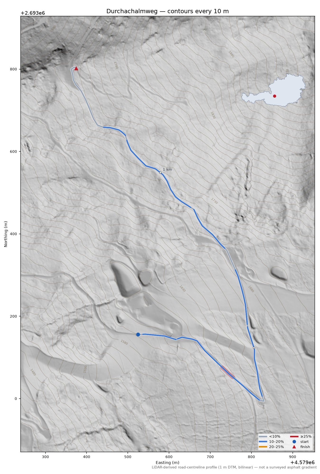 Durchachalmweg LiDAR hillshade map with contours