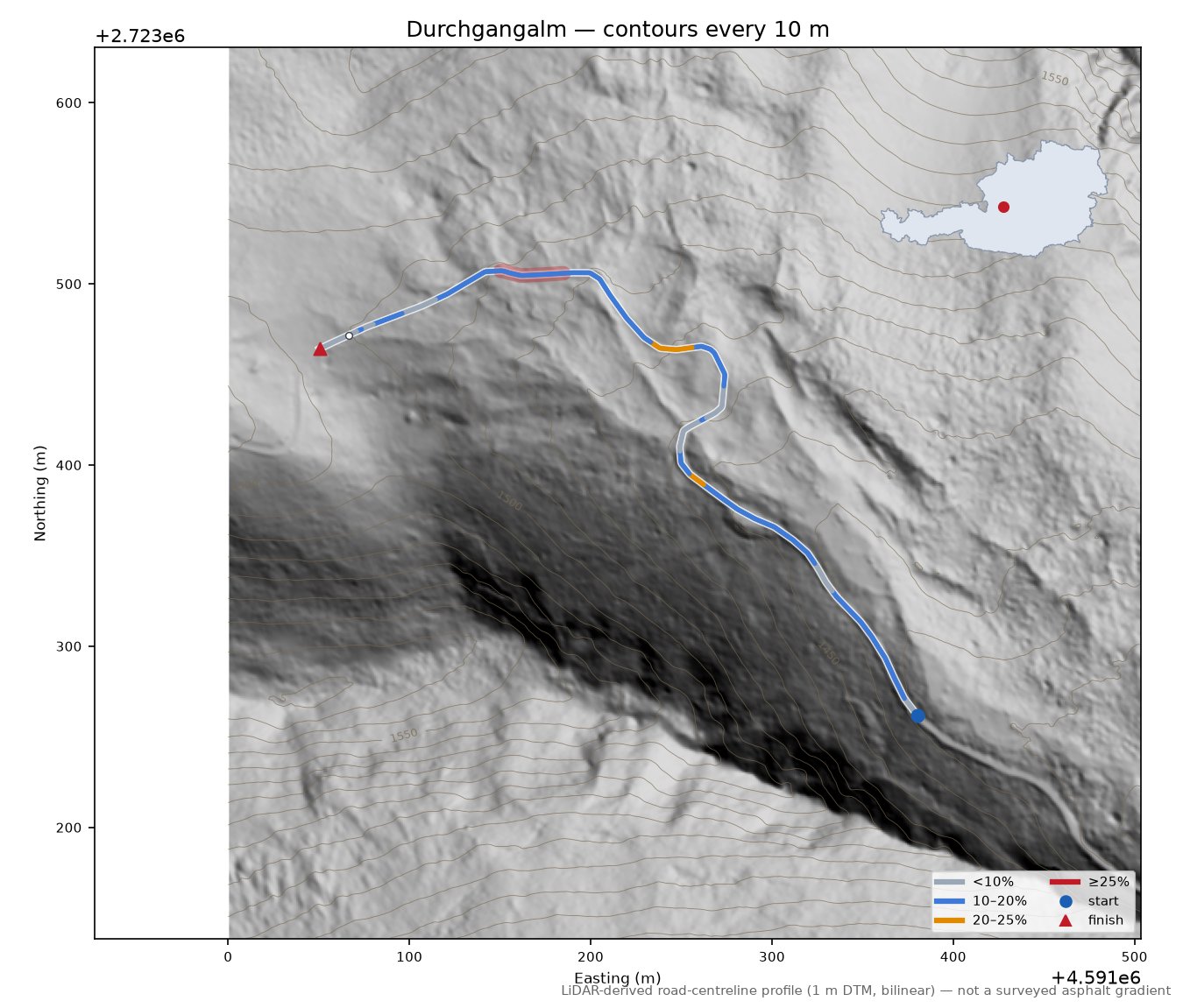 Durchgangalm LiDAR hillshade map with contours