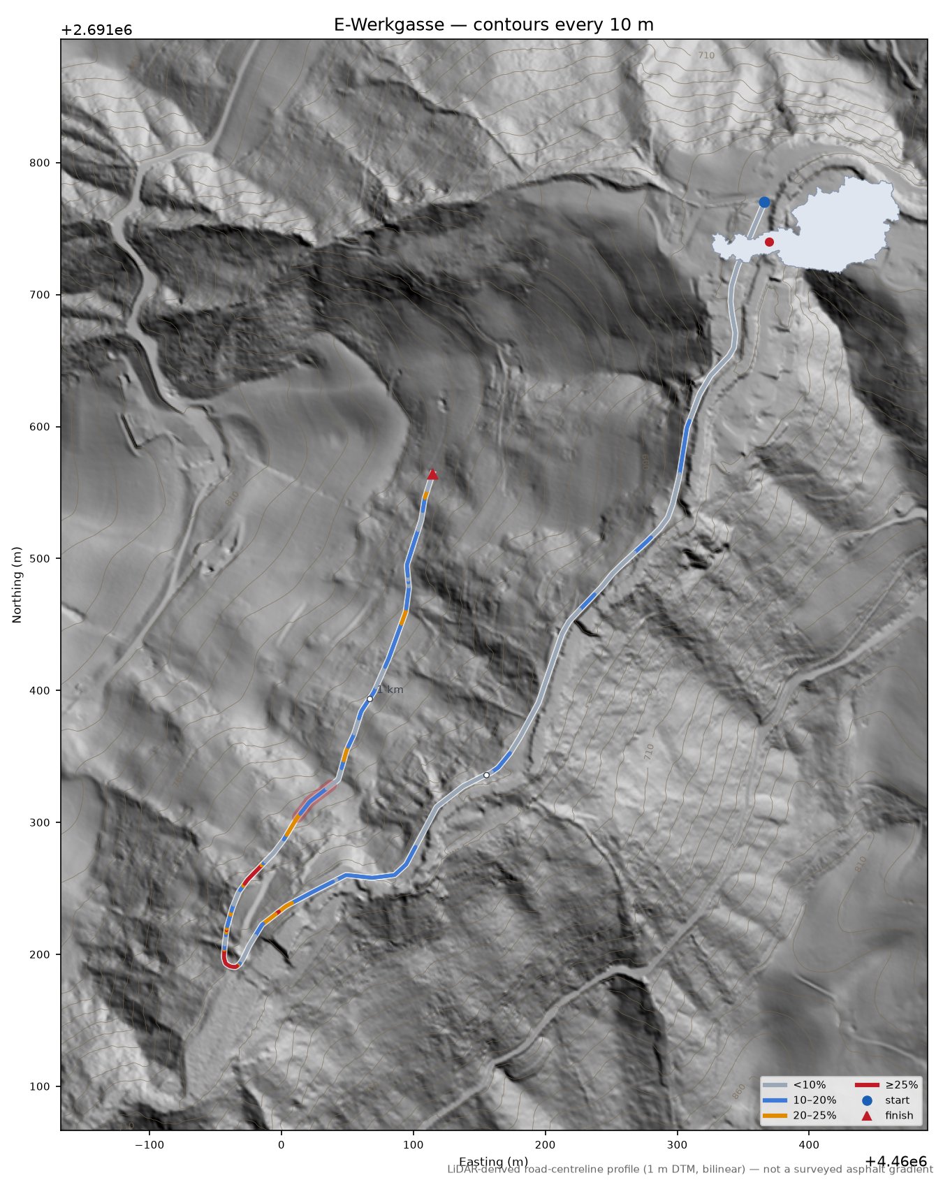 E-Werkgasse LiDAR hillshade map with contours